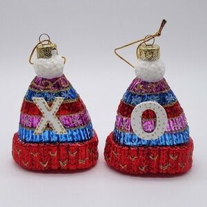 Life at Home NIB Hand Painted Holiday Pair X & O Hat Fibreglass Ornaments